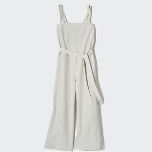 Uniqlo Green/White Striped Linen Blend Belted Wide-Leg Jumpsuit Size Large